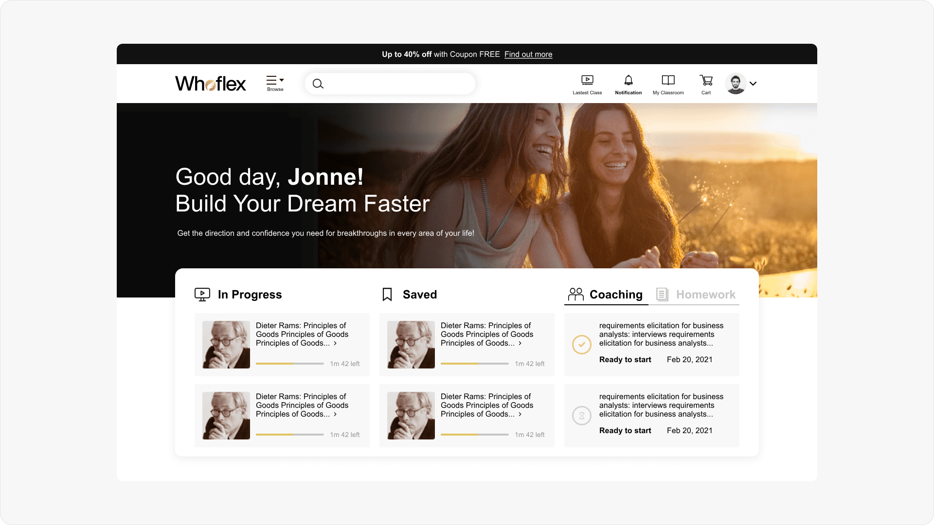 Whoflex learner dashboard with courses and coaching