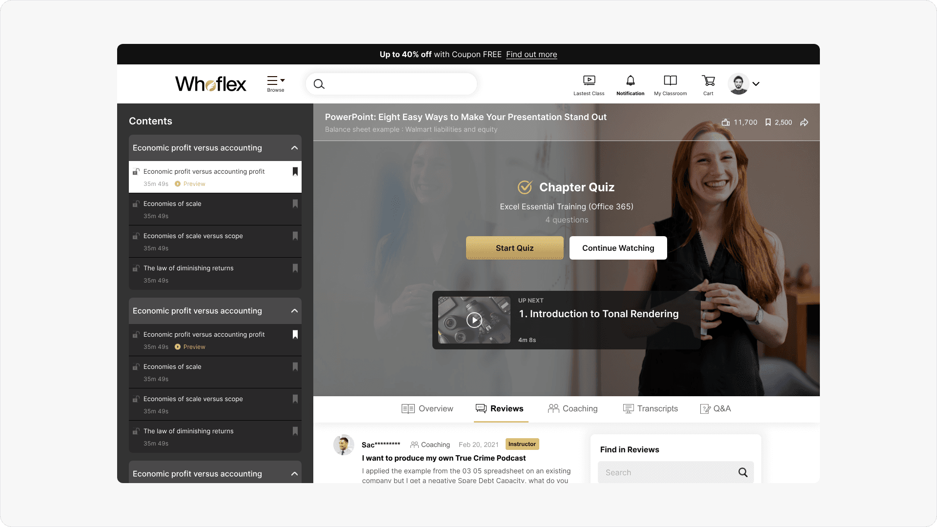 Whoflex lesson page with chapter quiz and course navigation