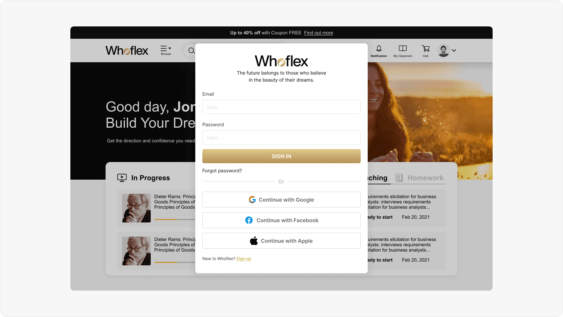Whoflex sign-in dialog over the learner dashboard